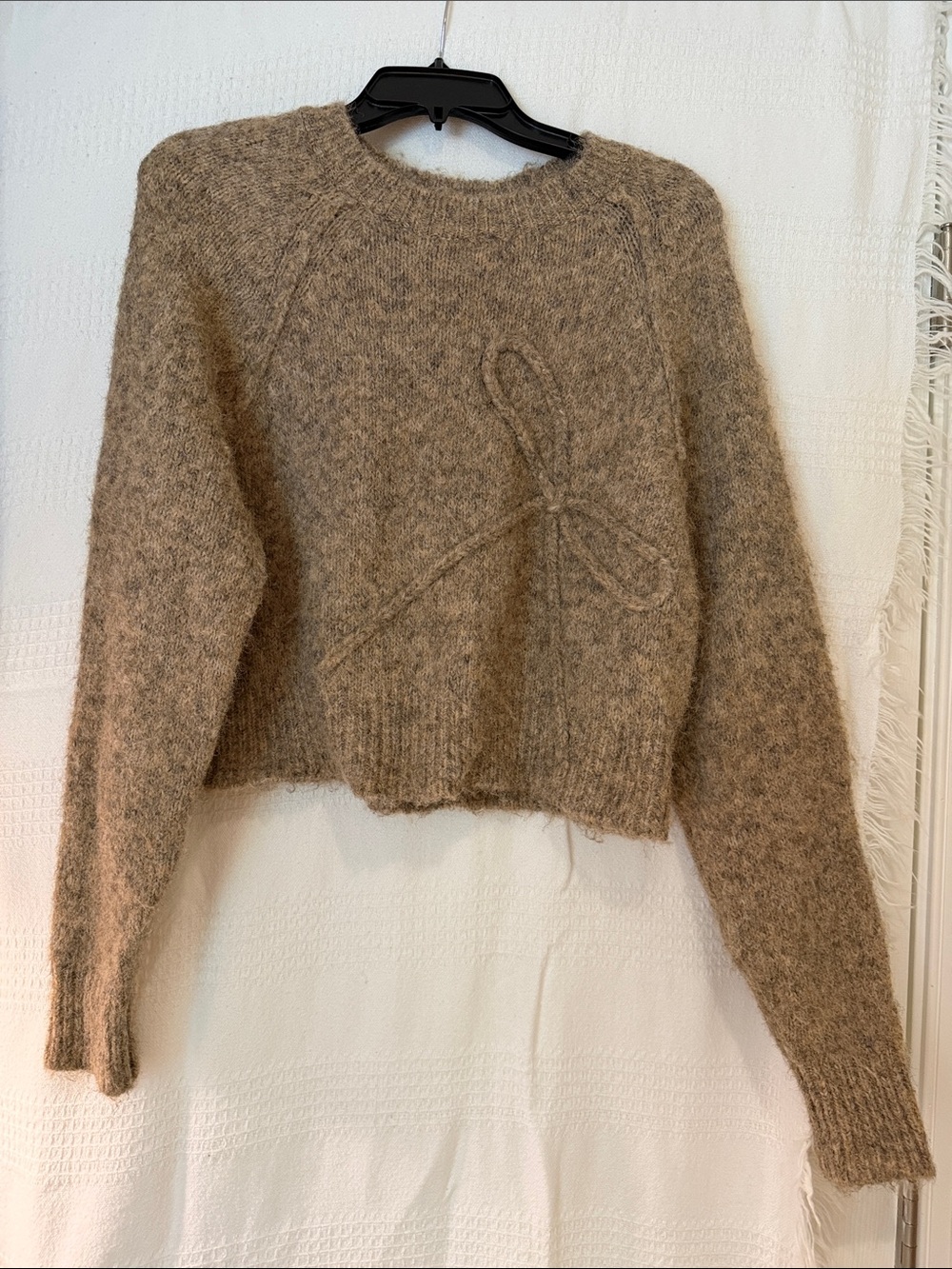 American Eagle Outfitters Fuzzy Cropped Crewneck Sweater in Taupe